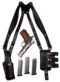 TOM'S "TRIPLE MAG" - CUSTOM HAND-MADE, BASKETWEAVE, BRASS HARDWARE, DOUBLE THICK REINFORCED LEATHER SHOULDER RIG. ALL UPGRADES INCLUDED. BACK OF HOLSTER ATTACHES TO GUN BELT. INCLUDES 3 HORIZONTAL MAG POUCHES. CLICK HERE.