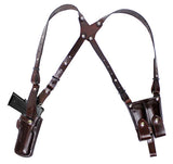 TOM'S "VERTICAL CLASSIC" - CUSTOM HAND-MADE DOUBLE THICK REINFORCED LEATHER SEMI-AUTO SHOULDER RIG. OPEN TOP VERTICAL HOLSTER, MUZZLE COVERED WITH LEATHER. BACK OF HOLSTER ATTACHES TO GUN BELT. INCLUDES 2 VERTICAL MAG POUCHES ON OPPOSITE SIDE. CLICK HERE.